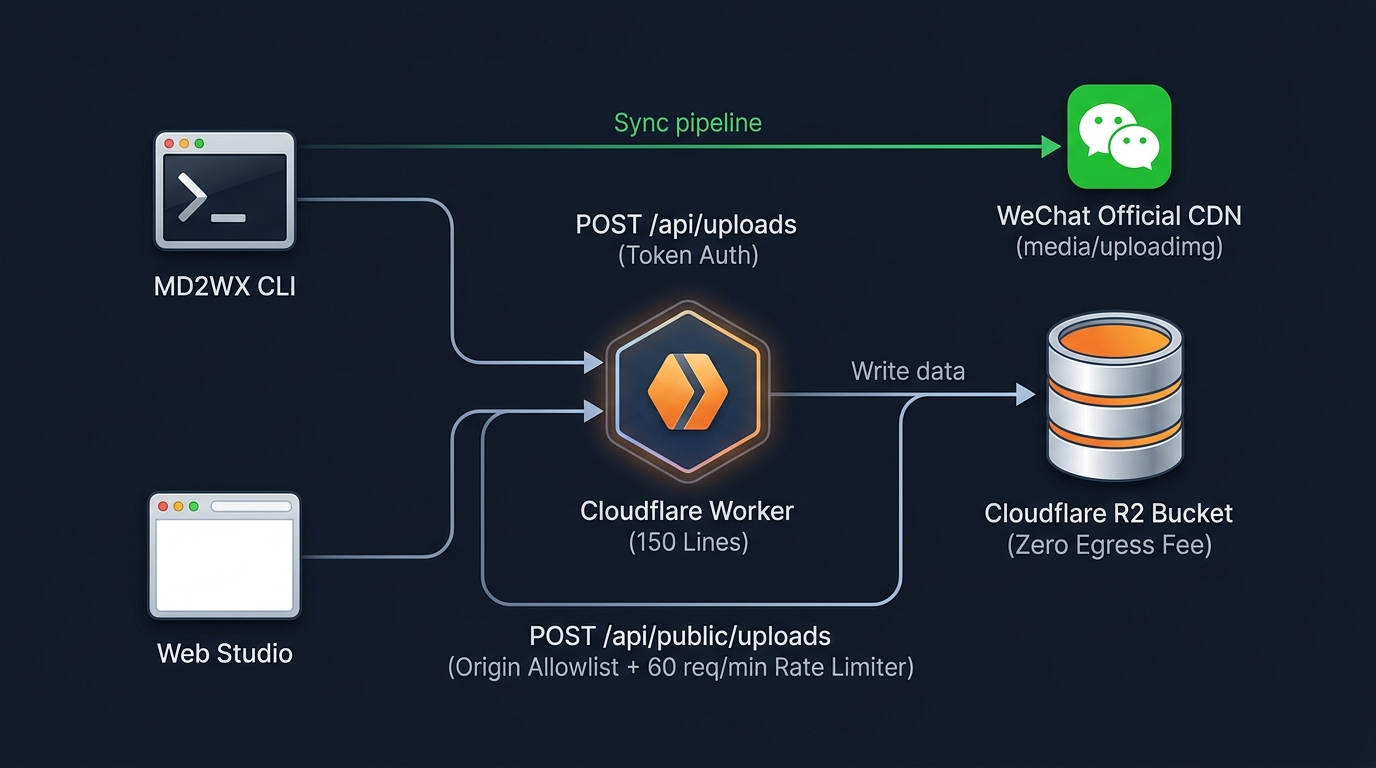 Cloudflare Worker 双路由隔离、R2 存储与微信 CDN 自动同步架构拓扑