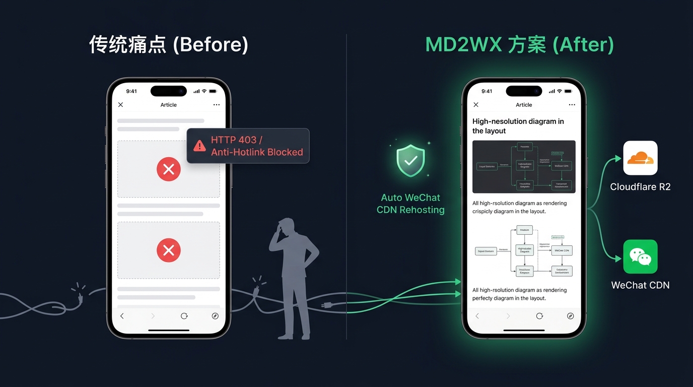 微信外部图片防盗链拦截（左）与 MD2WX 自动转存对比（右）